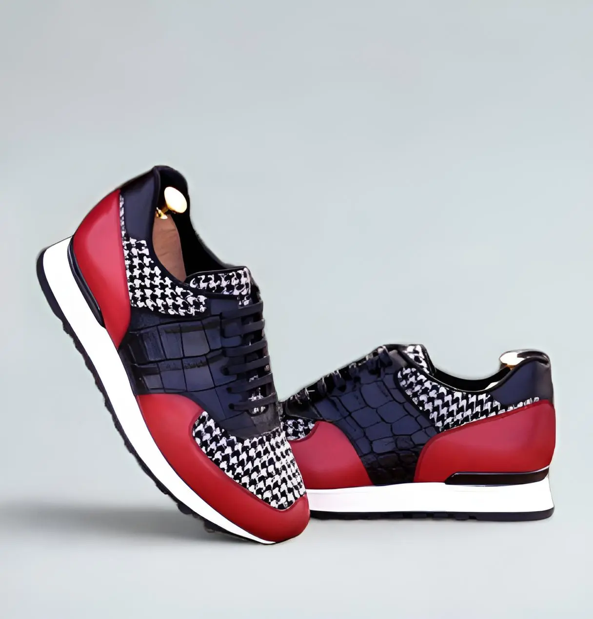 Jogger Sneakers – Luxury Handmade Trainers with Red Leather, Croc-Embossed Accents & Hounds tooth Detailing, Modern Comfort Sole, Bold Streetwear Style