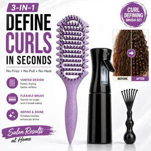 3-in-1 Curl Defining Brush Set with Spray Bottle & Rake Cleaner, Vented Detangling Brush for Curly Hair, Frizz Control, Curl Clumping & No-Heat Styling Tool for Women, Multifunctional Brush