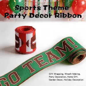 2 Rolls 10 Yards 2.5 Inch Sports Themed Wire Edge Ribbon, 'go Team!' & Football Stripes, DIY Party Decorations