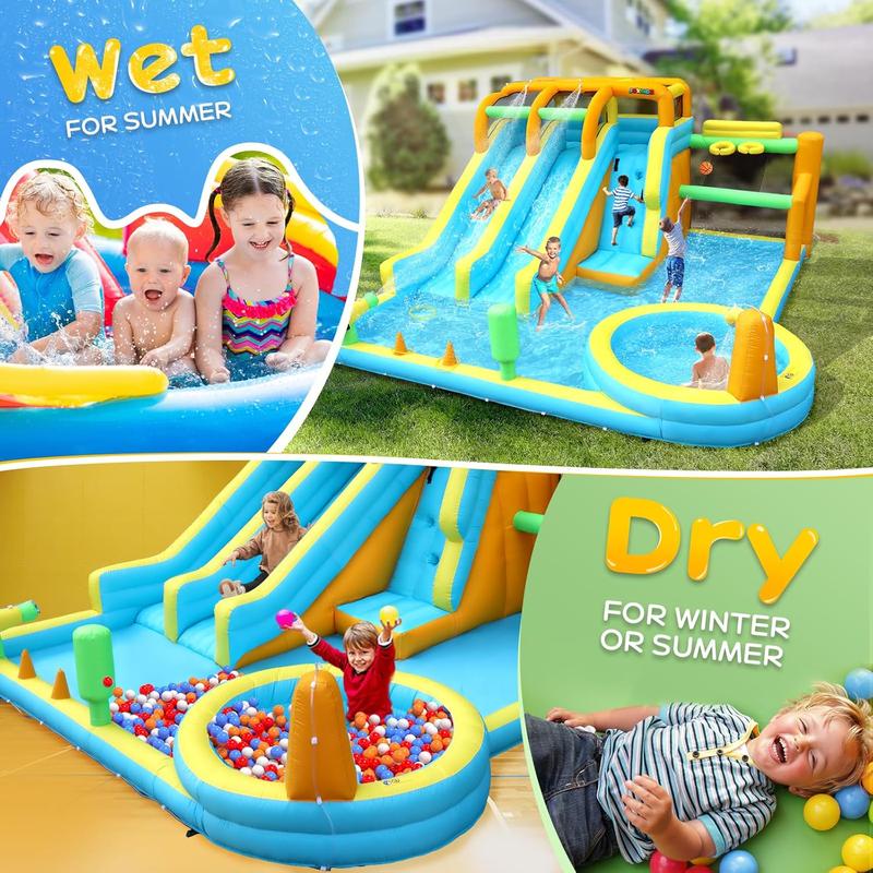 JOYMOR 11-in-1 Inflatable Water Slide for Kids Backyard w/ 2 Waterslide, 2 Basketball Hoop, Pool, Climbing Wall, Water Blasters, 1min Blow Up Water Slides Park w/ 750w Blower, Storage Bag