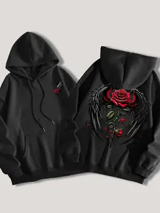 Rose Wings Graphic Print Hoodie, Drawstring Casual Hooded Sweatshirt For Winter And Autumn, Women's Clothing
