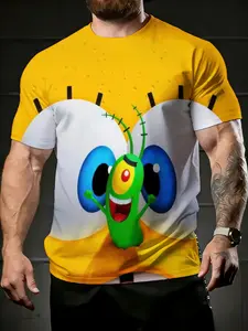 men's short sleeve T-shirt Spongebob Face With Plankton Overlay spring and summer 3D printing athleisure Suitable for the US, versatile, regular pattern short sleeve men's football jersey