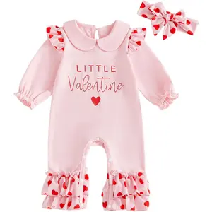 Baby Girls Valentines Day Outfits Long Sleeve Heart Print Romper Bodysuit Jumpsuit with Headband Newborn Clothes