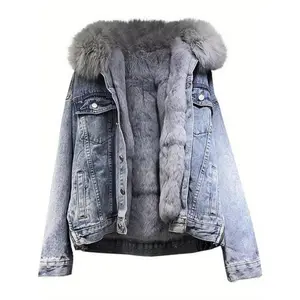 Women's Thickened Denim Jacket, Plush Lined Winter Coat, Warm Fur Collar Coat, Denim Jacket