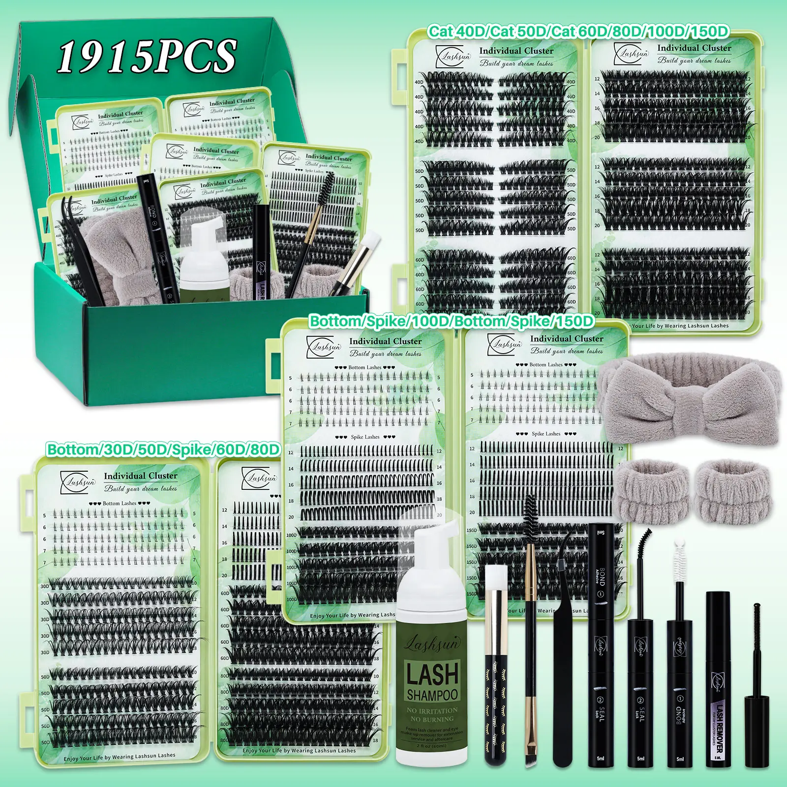1915 Pcs Lash Set, Diy Lash Cluster, D Curl 11 Styles Cat/Volume/Bottom Lashes with Bond&Seal Remover Brush Tweezers Headband Wristband Lash Shampoo, For Beginners&Pro, DIY at Home, Easy Daily Makeup