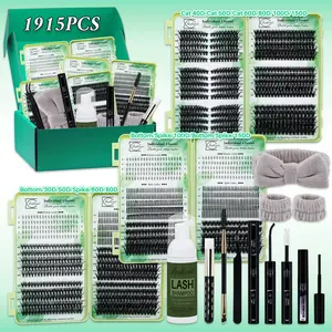 1915 PCS Lash Clusters Kit D Curl 11 Styles Cat/Volume/Spikes/Bottom Lashes Book Kit with Bond&Seal Lash Remover Brush Lash Applicator Eyelash Extension Tweezers Headband Wristband set and Lash Shampoo&Brush, Perfect for Beginners&Proficient