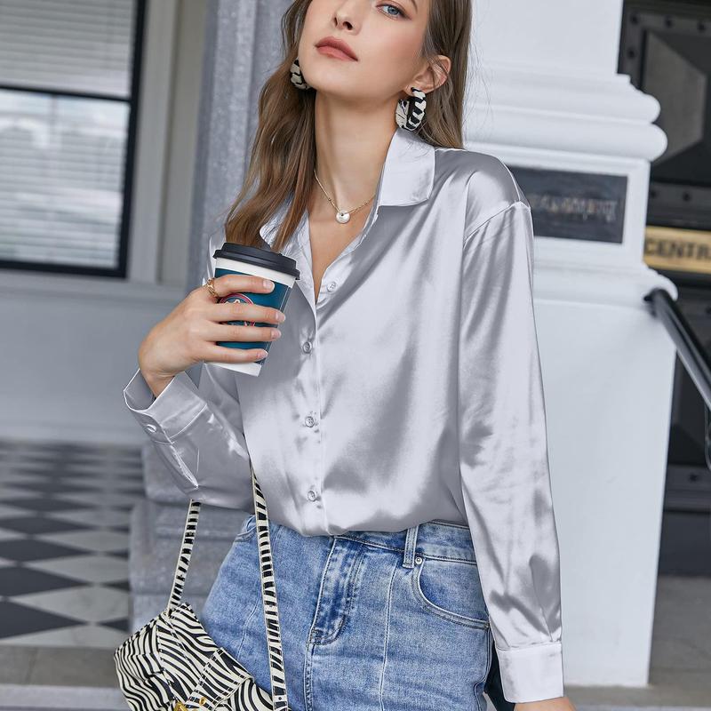 Womens Blouse Satin Silk Shirts Button Down Shirts Casual Loose Long Sleeve Office Work Tunic Tops