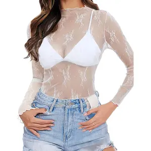 Long Sleeve Mesh Bodysuit for Women, Sheer Mesh Top Round Neck See Through Leotard Jumpsuit Snap Crotch Clubwear