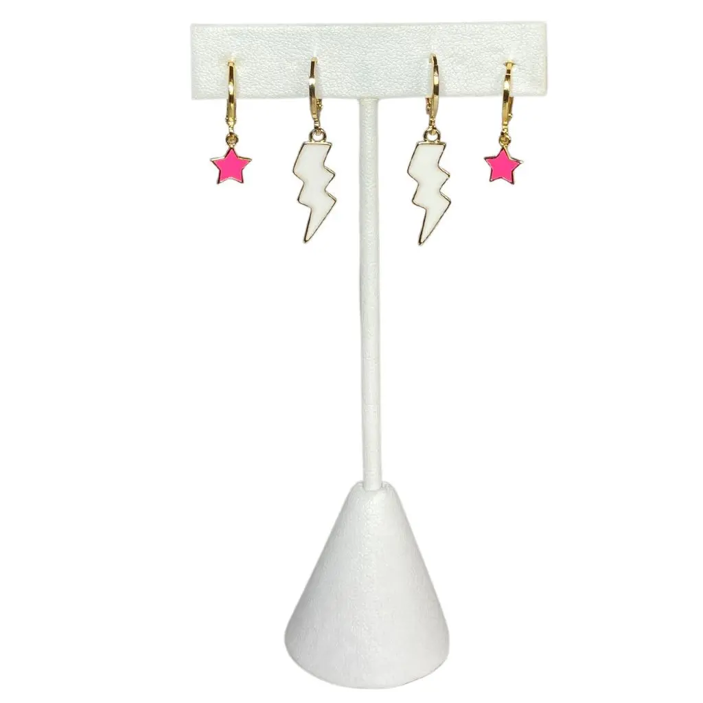 Candy Cane Earring Stack -  Pink Neon Stars or Hearts and White Bolts