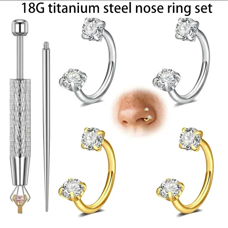 18G Surgical Grade Titanium Nose Ring Set | Internally Threaded Gem Horseshoe Hoops w/ Insertion Tool magnetic ear clip moth jewelry lip plate labret free auxiliary tool ball holder thigh cuff floating navel belly piercing dainty gemstone