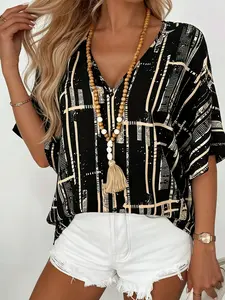 Plus size women's fashion new print V-neck Batwing T-shirt top, suitable for summer, vacation, daily casual wear, and going out, Casual Comfy Tee