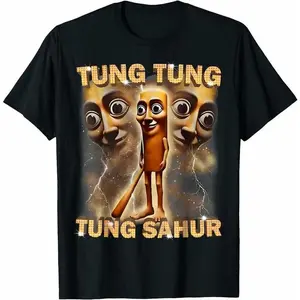 Menswear 100% Cotton Casual Loose Oversized Fabric T-Shirt - Funny Tung Tung Sahur Calling Brainrot Meme Graphic Tee, Social Media Trends Fans Gift Sweatshirt Round Neck