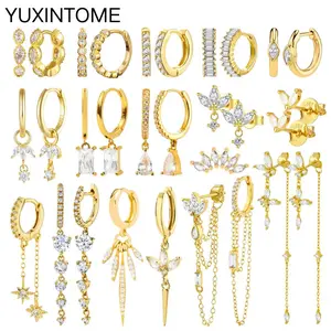 Jewelry - White Color Zircon Hoop Earrings 925 Sterling Silver Needle Cross/Star/Flower/Water Drop Pendant Gold Earrings Luxury Jewelry