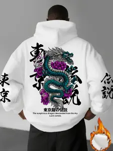 Urban Fashion Tokyo Dragon Legend Hoodie, Men's Trendy Graphic Long Sleeve Sweatshirt with Traditional Japanese Dragon & Kitsune Mask Design, Casual Streetwear Pullover for Daily Wear & Street Style