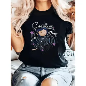Casual Coraline Inspired Cartoon Print T-Shirt - Crew Neck, Polyester Knit Fabric, Regular Length - Black Cat and Bats Design for All Season Wear