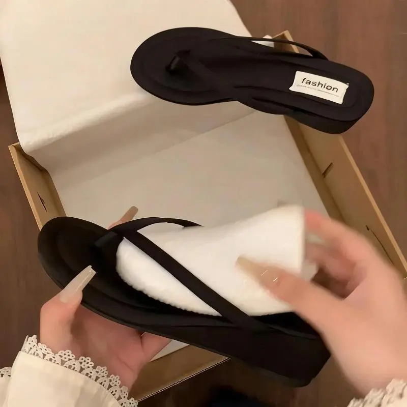 New Summer Women Wedges Heel Slippers Concise Street Style Dress Slide Ladies Outdoor Beach Vacation Clip Toe Sandalias