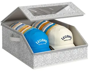 Large-capacity hat storage box with clear window and lid, gray fabric baseball cap organizer for closet, durable hat holder with reinforced edges