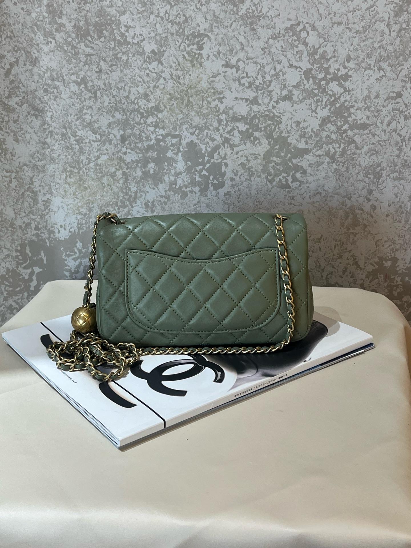 Pre-owned CHANEL Mini Rectangular Classic Flap Bag in avocado green lambskin, featuring the iconic adjustable gold ball chain 1919H0106