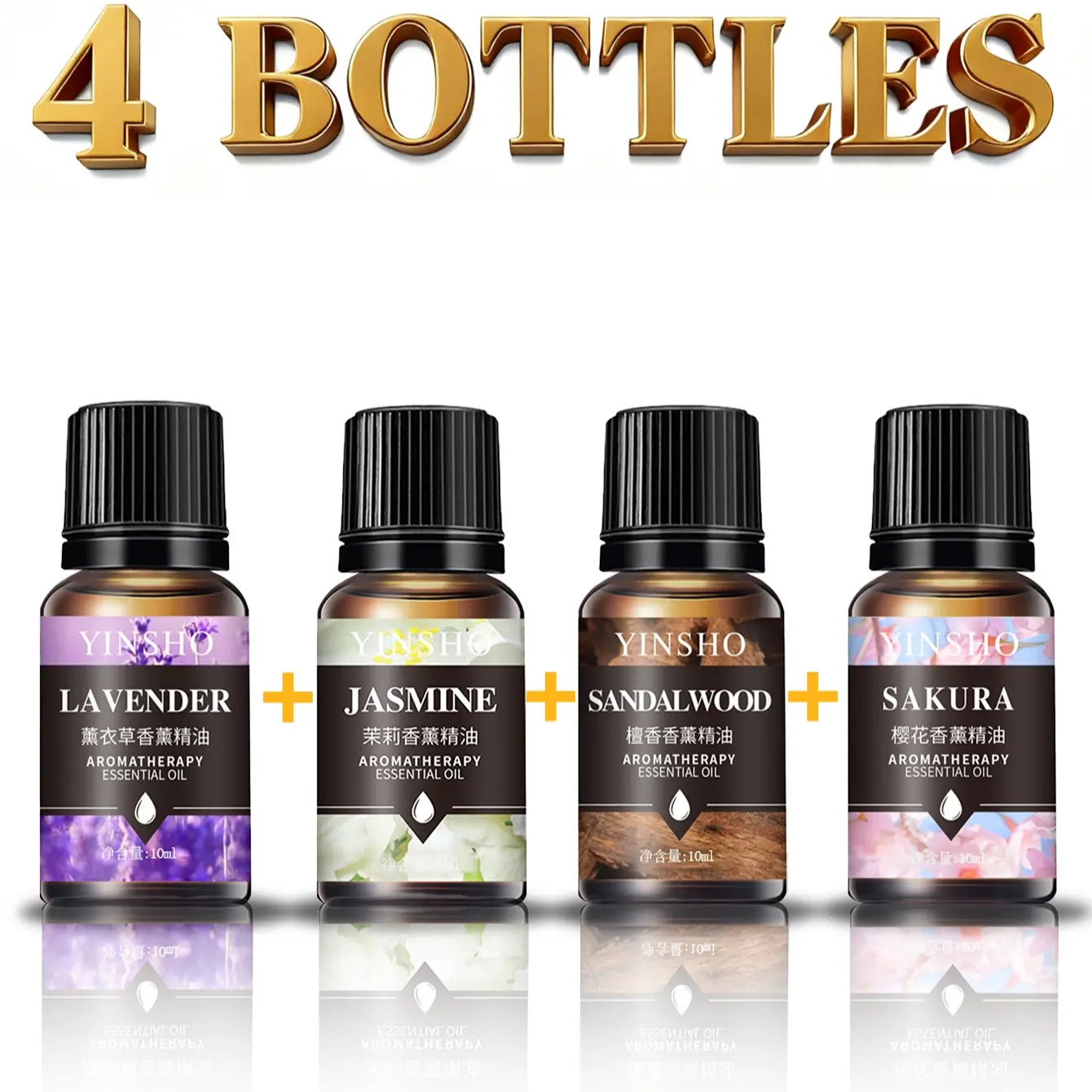 4pcs Lavender Jasmine Sandalwood Sakura Pure Essential Oils Set, Aromatherapy Essentials 10ML Multi Scented Woody Aromatic Scent Relief Aromatherapy Oil for Humidifier Diffuser Car Air Freshener Plant Fragrance
