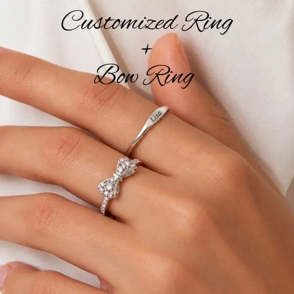 Personalized Name Ring & Sparkling Bow Ring Set – Custom Engraved Stackable Rings, Elegant Jewelry Gift for Her, Birthday & Anniversary Gift