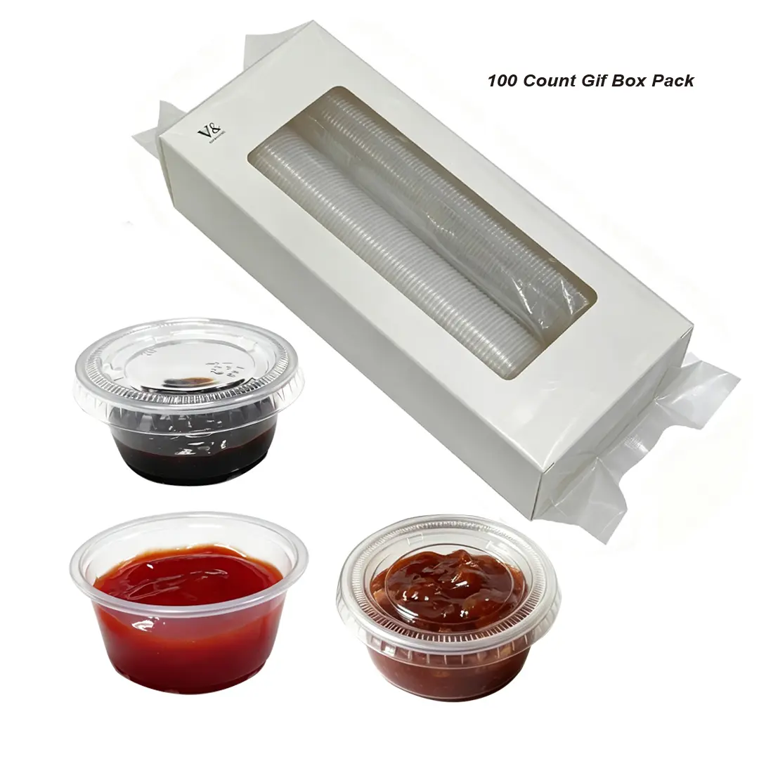 2oz Mini Clear Plastic Disposable Portion Sauce Cups With Lids, To-Go Condiment Containers for Salad Dressing & Sauces, BPA Free Leakproof Bulk 100 Count Gift Box Pack for Restaurant, Catering, Daily Takeout & Multi-purpose Food Storage