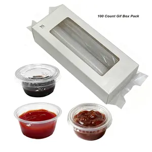 2oz Mini Clear Plastic Disposable Portion Sauce Cups With Lids, To-Go Condiment Containers for Salad Dressing & Sauces, BPA Free Leakproof Bulk 100 Count Gift Box Pack for Restaurant, Catering, Daily Takeout & Multi-purpose Food Storage