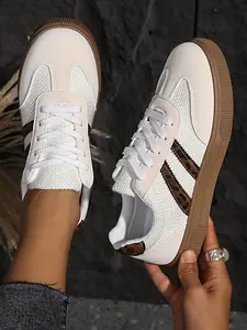 Women's Mesh Leopard Print Training Shoes, Breathable Lightweight Fashion Sneakers, Casual Low Top Retro Style, All-Weather Comfort, Trendy Sneakers