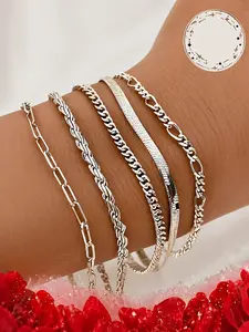 Sterling silver 5pcs Sterling Silvery Cuban Link Bracelet Set - Handcrafted, Elegant, Beautiful, and Stylish Luxury Gift for Women: Perfect for Birthdays, Holidays, Parties, Valentine's Day, Halloween, Weddings, Anniversaries & Mo