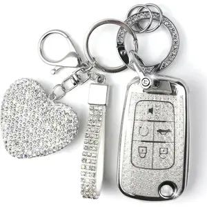 Key Fob Cover with Diamond Keychain for Women, Car Key Holder Compatible with Chevy Cruze Camaro Malibu Equinox Impala GMC Buick Encore Regal Flip Folding Protector, 5 Buttons (Silver-Heart)