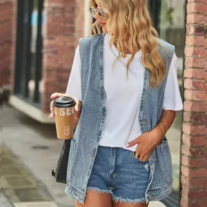Women’s casual denim jean vest, oversized sleeveless mid-length button-down jean jacket/vest/top/waistcoat