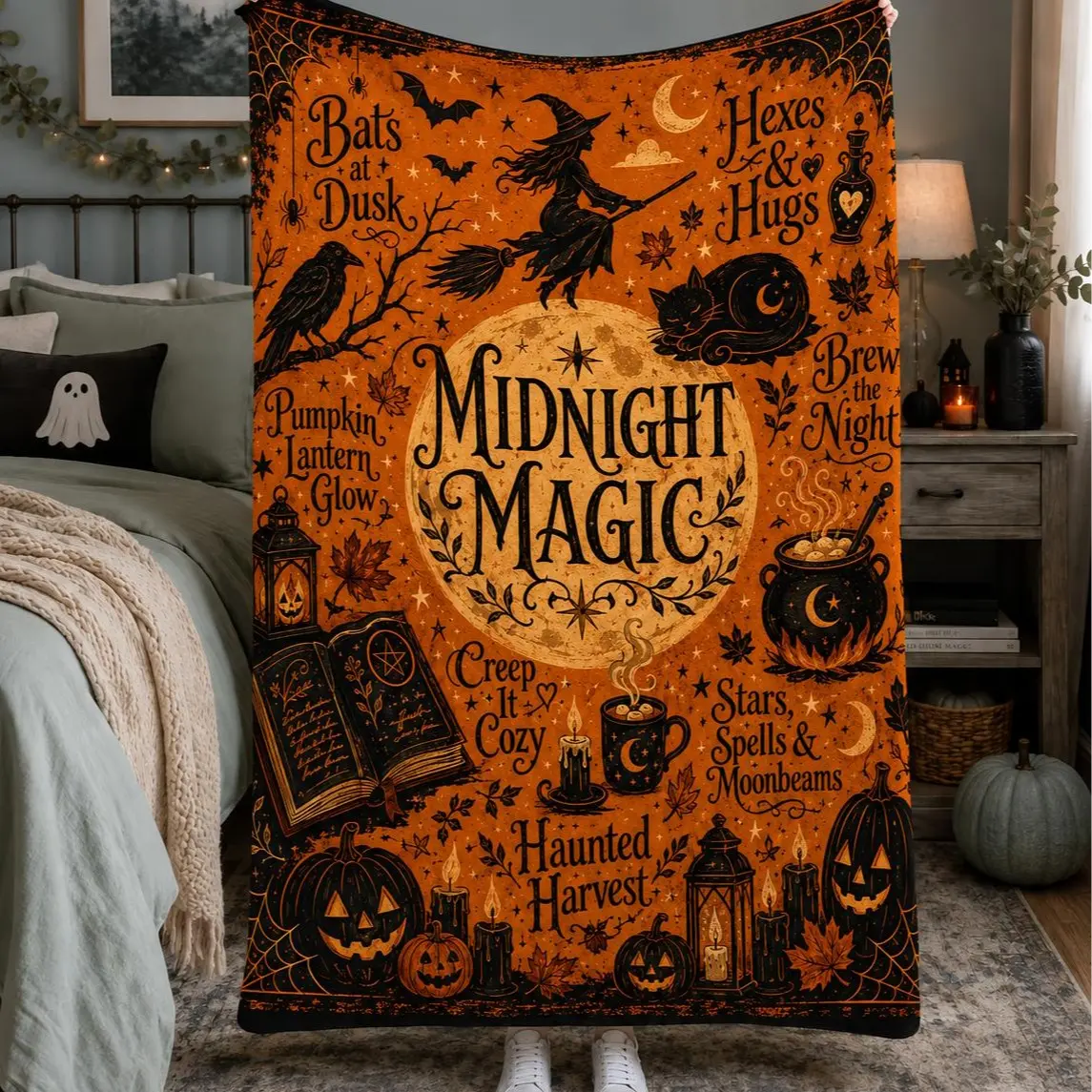 [Halloween Day] Halloween Witch Flannel Blanket 4 Designs, Vintage Orange Witch Pumpkin and Black Cat Printed Spooky Throw Blanket, Soft Lightweight Cozy Blanket for Sofa, Bed, Bedroom Décor, Halloween Party and Fall Gift