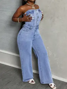 Women's Halter Denim Wide Leg Jumpsuit, Womenswear, Fit, Button, Elastic, Belt, Casual Summer, Comfortable and Stylish, Perfect for Daily Wear