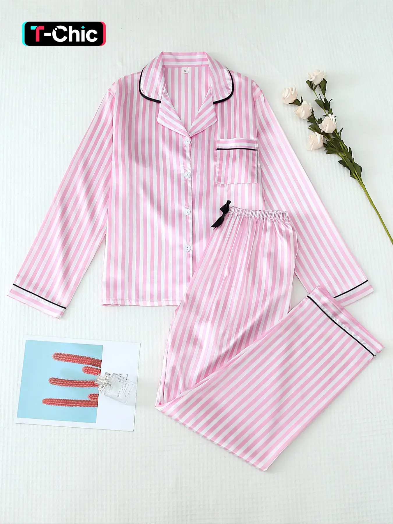 Two-Piece Set Women's Striped Print Lapel Neck Fitted Pocket Shirt & Bow Decor Pants Satin Pyjama, Long Sleeve Button Up Top & Trousers PJ Set, Matching Pajama Set, Women's Sleepwear & Loungewear for Spring & Fall Pajamas, Womenswear, Fitted Pajama Sets