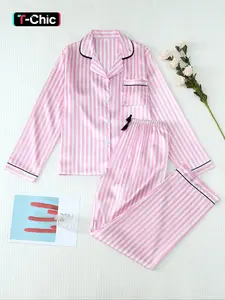 Two-Piece Set Women's Striped Print Lapel Neck Fitted Pocket Shirt & Bow Decor Pants Satin Pyjama, Long Sleeve Button Up Top & Trousers PJ Set, Women's Sleepwear & Loungewear for Spring & Fall Pajamas, Womenswear