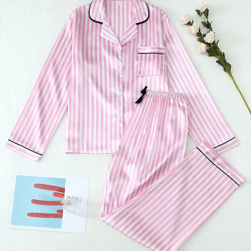Two-Piece Set Women's Striped Print Lapel Neck Fitted Pocket Shirt & Bow Decor Pants Satin Pyjama, Pyjamas Set, Long Sleeve Button Up Top & Trousers PJ Set, Women's Sleepwear & Loungewear for Spring & Fall Pajamas