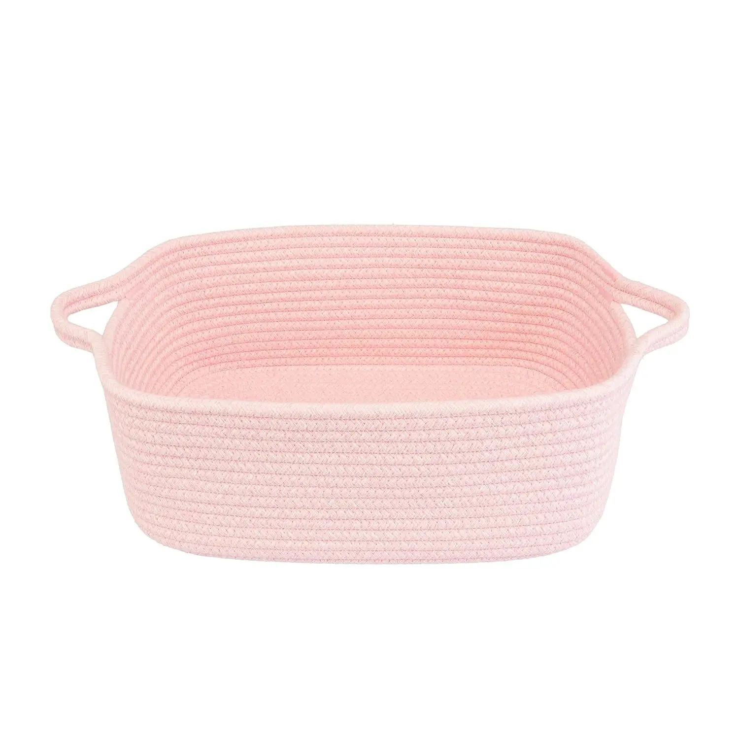 Cotton Rope Storage Basket with Handles, Medium Bin, Light Pink | Woven cotton rope basket with handles; medium storage bin for shelves, closet, nursery, pet toys, and empty gift baskets