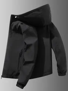 Men's Lightweight Windproof Jacket, Zipper Closure Hooded Design, Polyester Fabric, Casual Outdoor Flight Jacket