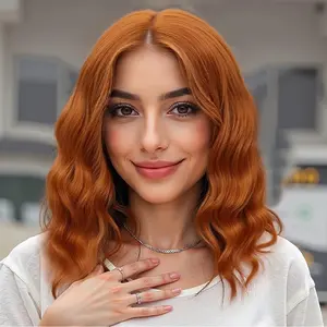 Ginger Orange Short Wavy Synthetic Wig Lace Hairline Bob Style Heat Resistant Fiber Wigs for Women  Length Copper Middle Part  Appearance Everyday Hairstyle 14 Inch