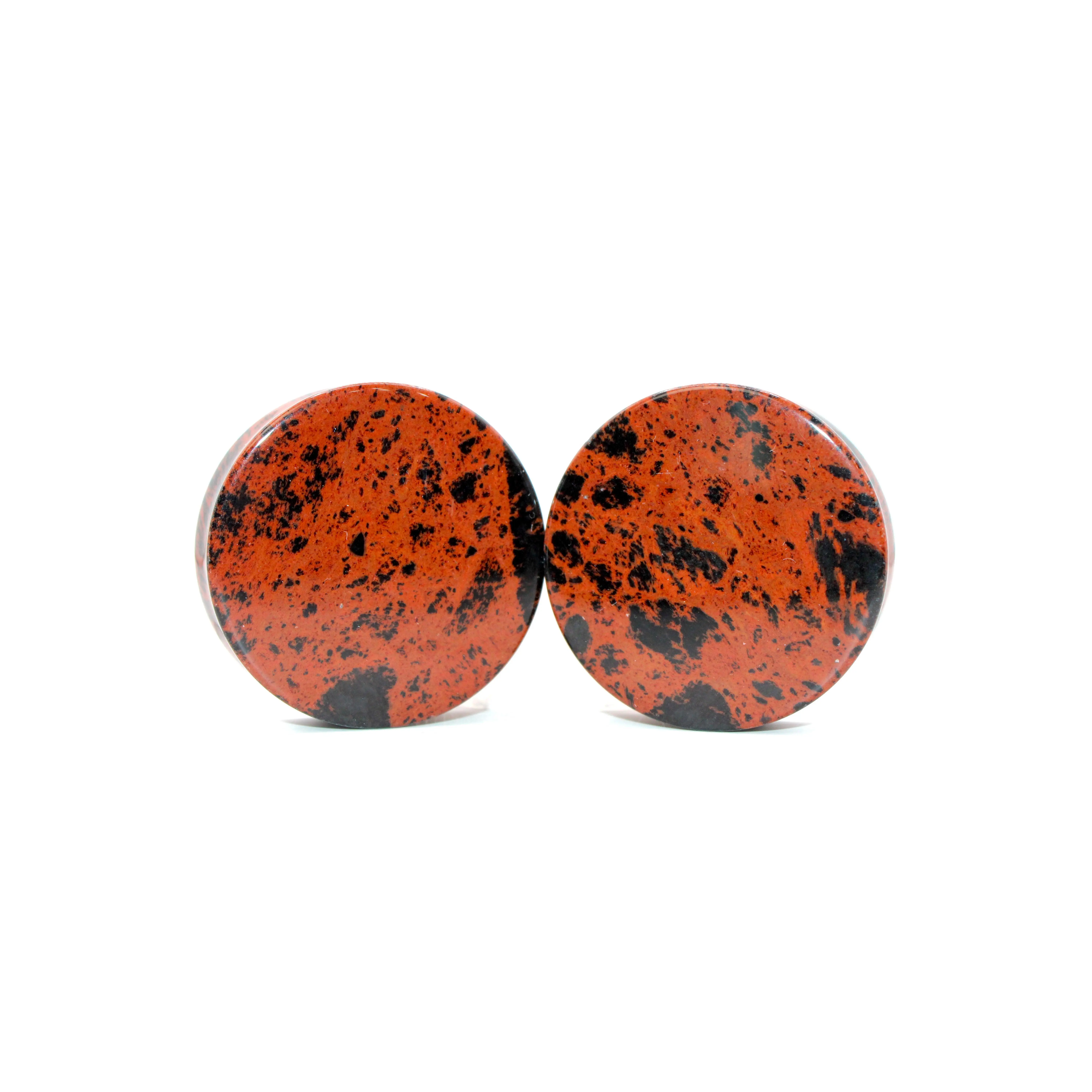 Mahogany Obsidian Stone Plug Earrings Set - Fashion Costume Earrings Jewelry Accessory Pair, Stone Detail Earrings