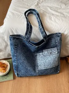 2026 New Vintage Washed Denim Patchwork Large Capacity Tote Bag, Korean Lazy Style Shoulder Bag, Student Commute Backpack, Durable Nylon Bag