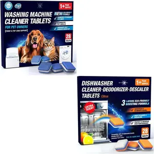Washer & Dishwasher Cleaner Tablets - 2-in-1 Deep Cleaning for Pet Owners - Remove , Smells & Hard Water Build-Up - HE & Septic Safe - Scented Descaler Pods with Citric Acid - 28 Tabs, Citrus