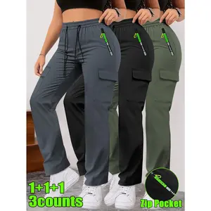 Ladies' 3-piece multi pocket workwear casual pants Spring and Autumn Loose Drawstring Straight Tube Sports Pants 3-Piece Set Multi colored zipper pocket high waist slimming commuting work pants three piece set