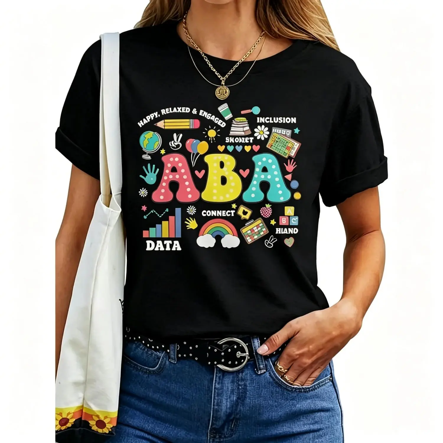 Women'S ABA Therapist RBT Analyst Autism Support Graphic T-Shirt - Light Grey Retro Short Sleeve Tee With Playful Educational Symbols, Regular Fit Round Neck Casual Top Womenswear Knit
