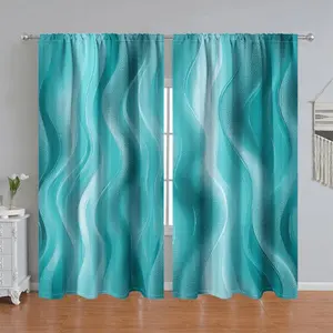 2Pcs Ocean Wave Pattern Curtain Panels, Teal Blue Gradient Swirl Design, Pole Pocket Style, Semi Sunshade Polyester Fiber, Suitable for Home Living Room, Bedroom, Balcony, Kitchen, Study and Shower Window Decoration, Accessory, Anti Priv