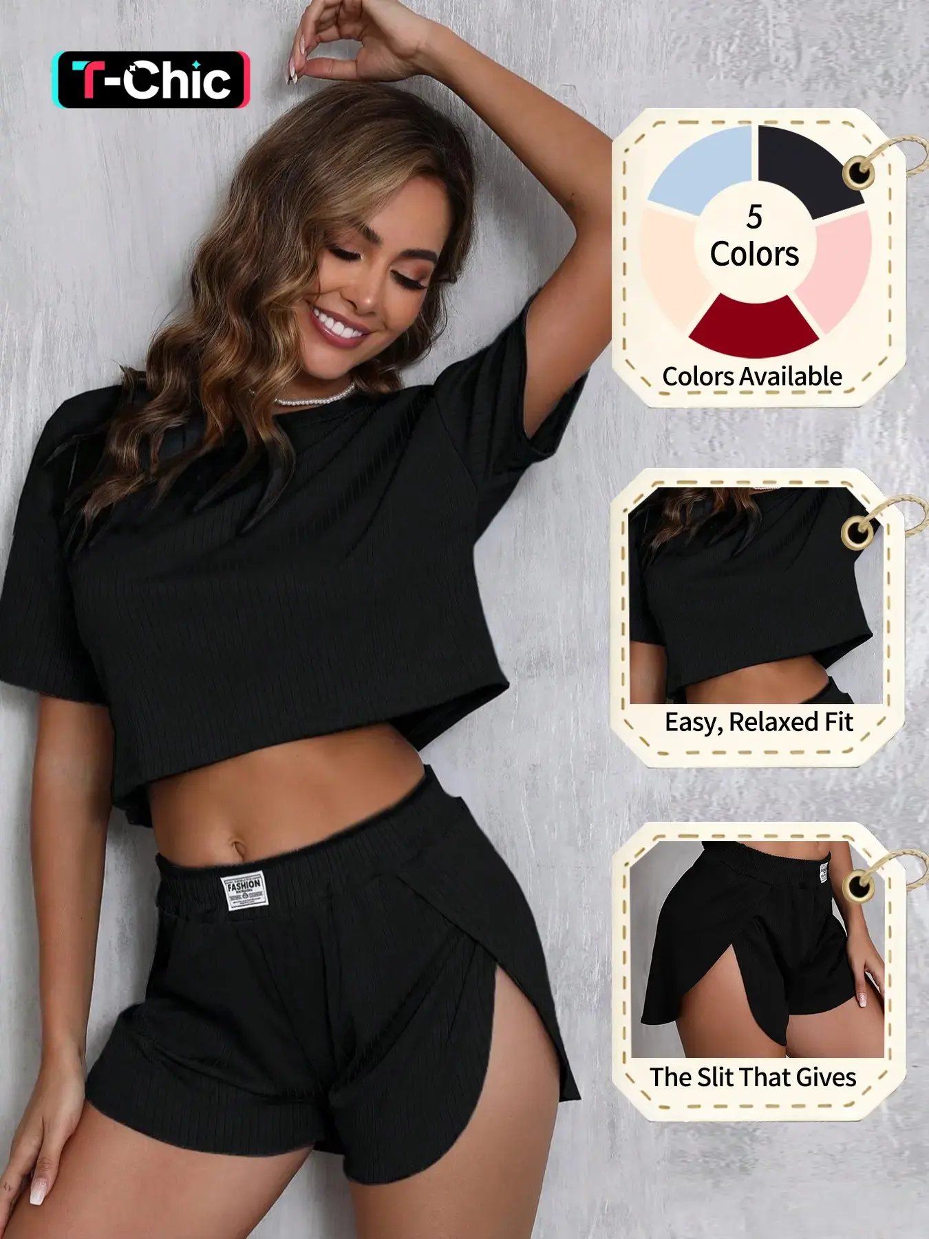 Women's Summer Pajama Set, Casual Minimalist Round Neck Short Sleeve Top & Elastic Waist Shorts, Comfortable Homewear Nightwear, Two-Piece, Loungewear, Pyjamas, Pjs, Basic Pajama Set