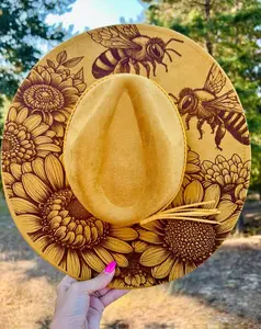 Sunflower and Bees Engraved Fedora Hat - Fashionable Design for Special Occasions - Available in Various Colors and Designs