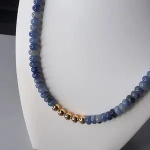 Natural Stones Necklace with Blue Beads and Gold Accents for Women's Fashion