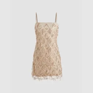 Cider Sequins Square Neck Geometric Tassel Mini Dress