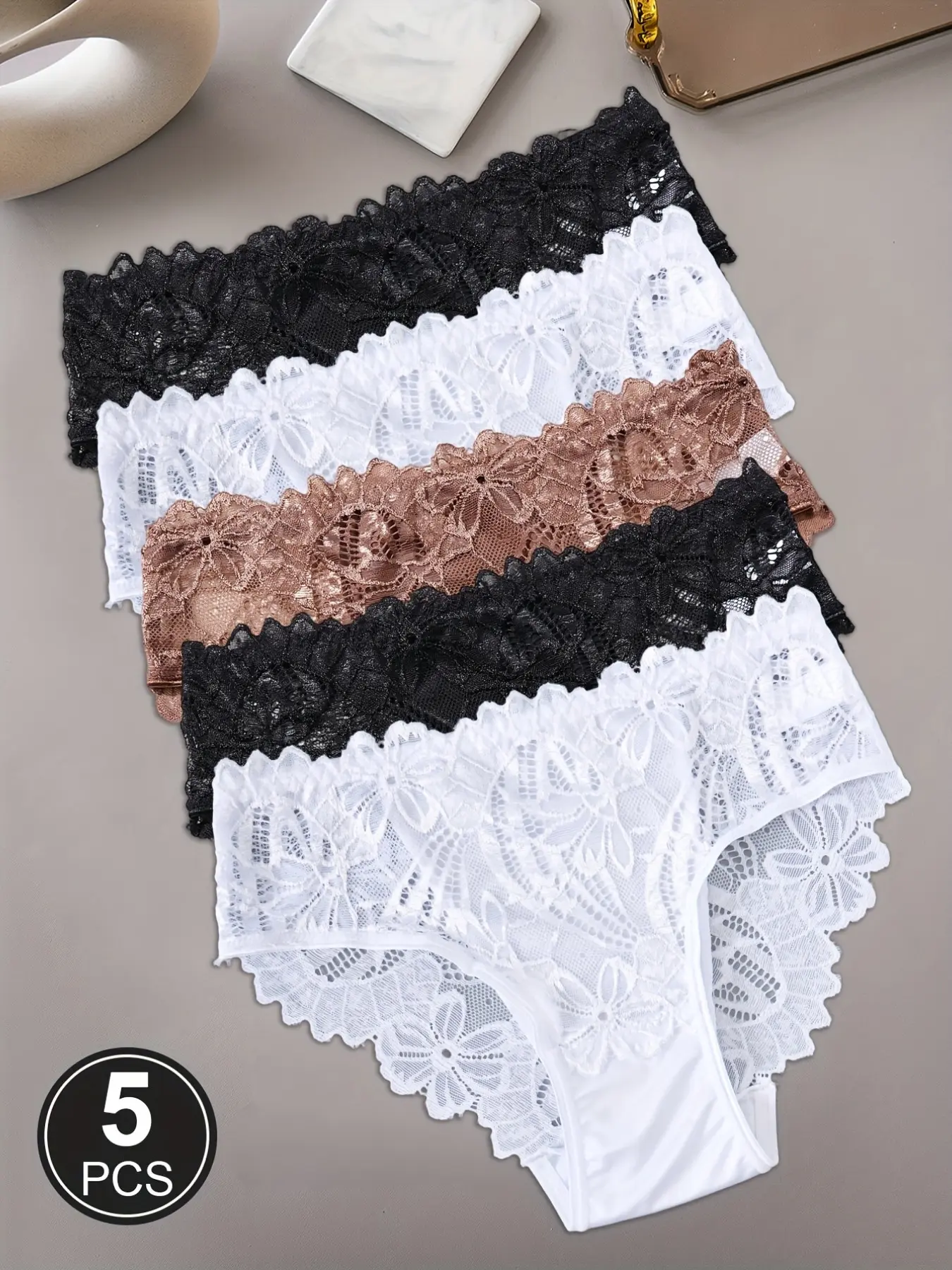 5-piece pack of sexy Elegant lace triangle panties for women, Underwear, Lace Briefs, sizes S-XXL. Features include sheer floral lace, silky satin trim, and a pure, alluring, aesthetic style perfect for everyday wear or dates. Lace Trim Panty