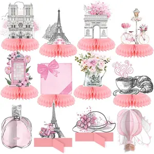 12 Pcs Paris Themed Party Decorations - Eiffel Tower Honeycomb Table Centerpieces with Pink Perfume Hot Air Balloon Bicycle Table Topper for French Birthday Party Favors Supplies